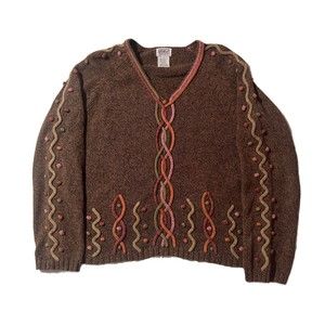 Vintage 90s PBJ Sport Women's Brown V-Neck Sweater Cottagecore Neon Trim Size L